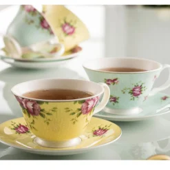 Aynsley Archive Rose Teacups & Saucer Set of 4<Galway Crystal Hot