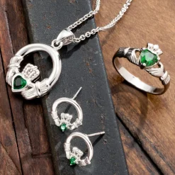 Green Crystal Claddagh Sterling Silver Earrings<Galway Crystal Hot