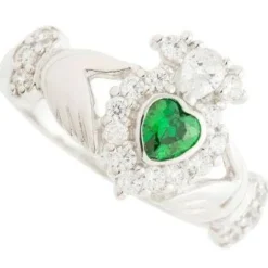 Green Crystal Sparkle Claddagh Sterling Silver Ring<Galway Crystal Outlet