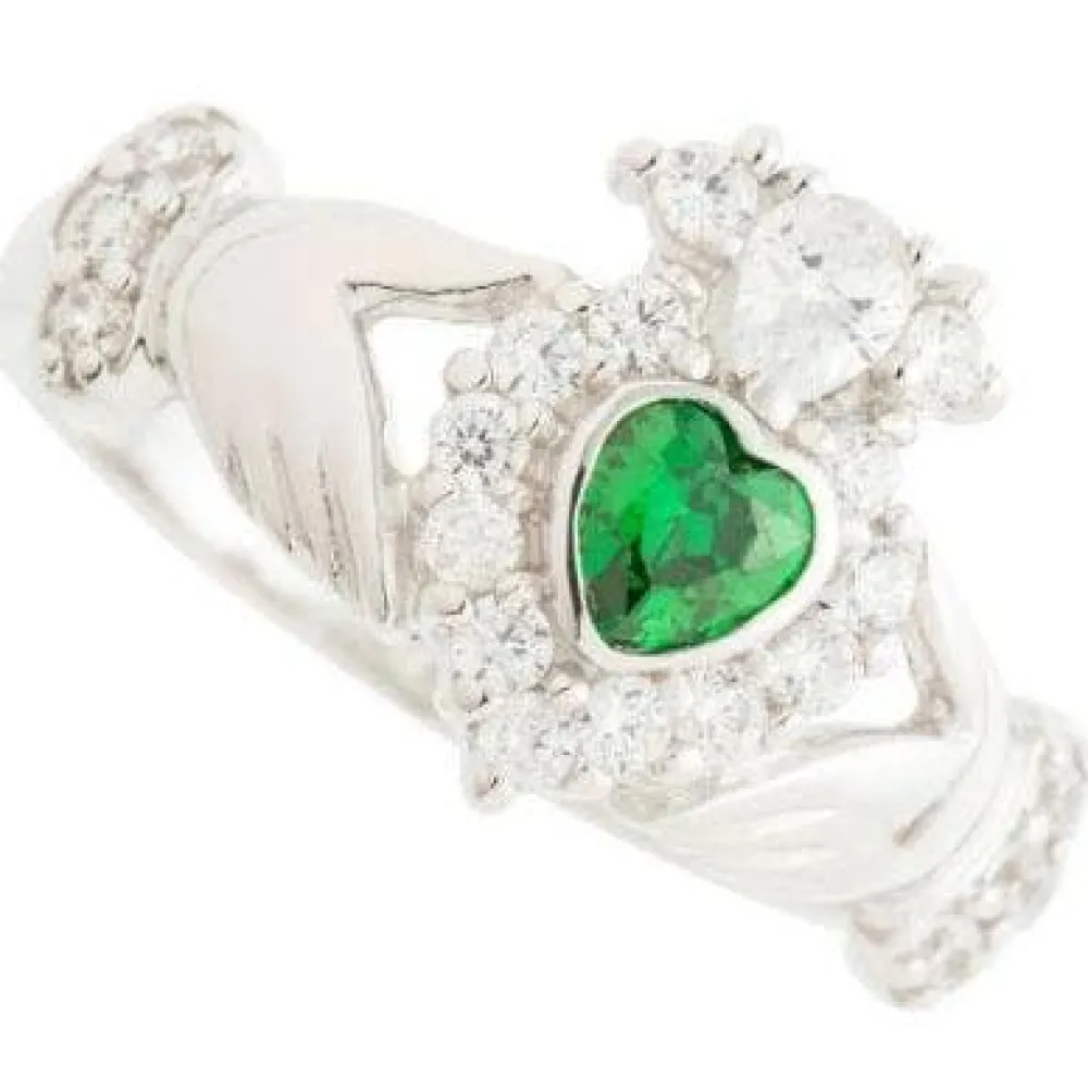 Green Crystal Sparkle Claddagh Sterling Silver Ring<Galway Crystal Outlet